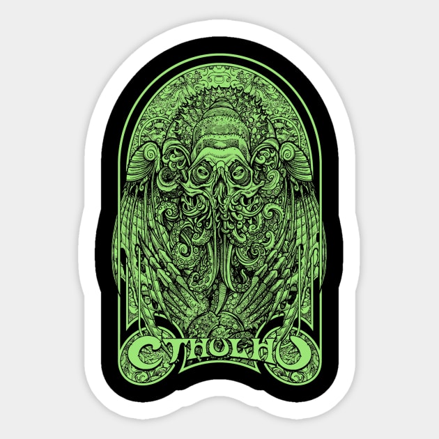 God Cthulhu Green (Black Print) Sticker by Miskatonic Designs